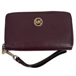 Michael Kors Fulton Zip Around Wallet Wristlet Merlot Purple Pebble Leather